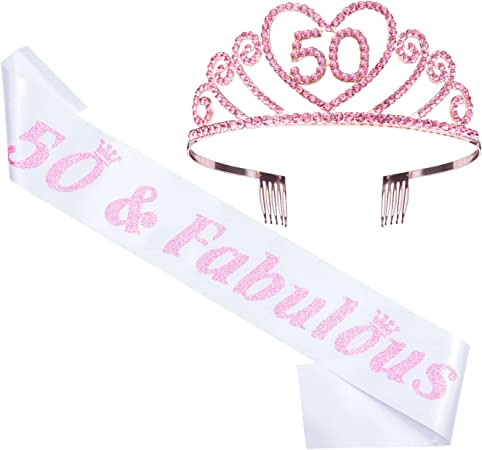 "Ulikee '50 & Fabulous' Birthday Sash and Rhinestone Crown Tiara Kit: Women's 50th Birthday Supplies"