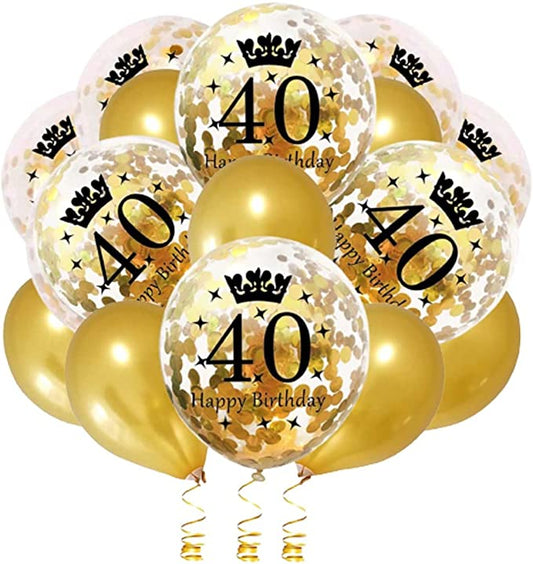 40th Birthday Balloon Kit - 12-inch Gold Age Confetti Glitter Balloons Metallic Gold Pearl Balloon Set with 10m Balloon Ribbon Roll - 40th Birthday Decoration Kit Pack of 1