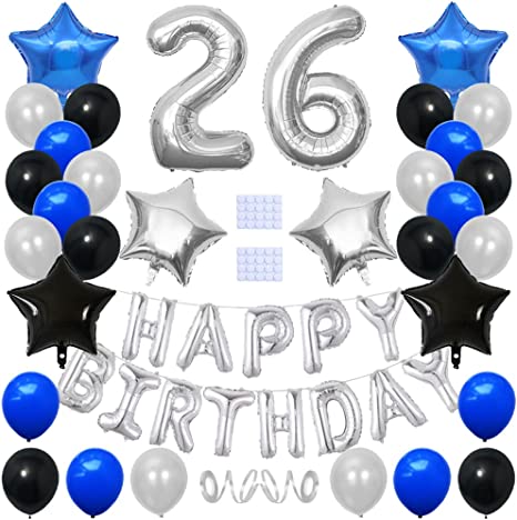 Yijunmca 33pcs 26th Birthday Party Decoration - Happy Birthday Banner Balloon, Number 26 Balloon, Star Foil Balloon, Helium Latex Balloon