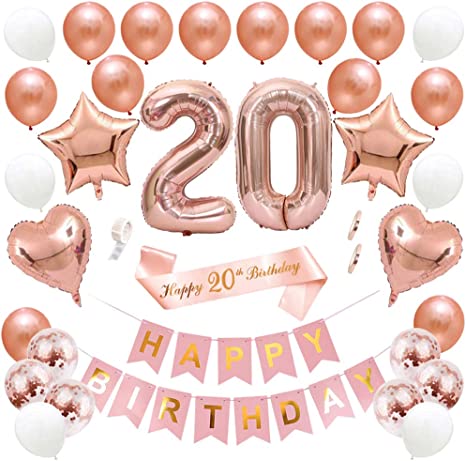 "Ceqiny 20th Birthday Decoration Set: Rose Gold Balloons, Banner & Sash"