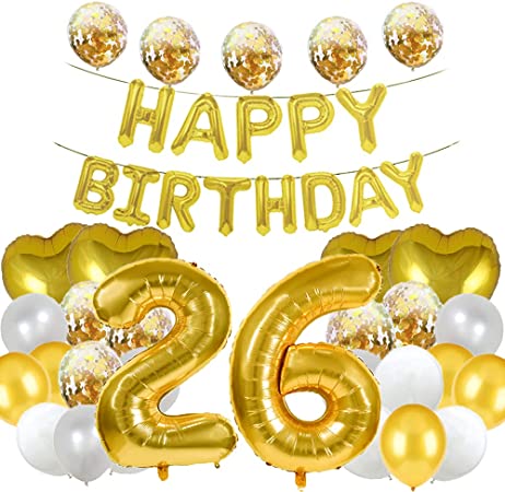 Sweet 26th Birthday Balloon Decorations - Gold Number 26 Foil Balloons, Latex Balloon Gifts for Girls, Boys, Women, Men