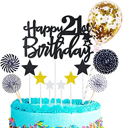 Personalized Happy 21st Birthday Cake Toppers Black - Glitter Cupcake Topper Cake Kit for 21st Birthday Party