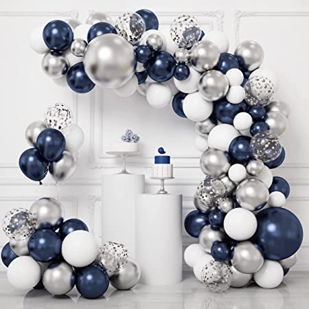 Navy Blue Balloon Arch Kit, Navy and Silver Balloon Arch - 104pcs Navy Blue and Silver White Balloons - Navy Balloons Arch for Boys Men Birthday Space Party - Blue Birthday