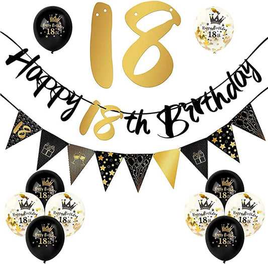 "Black Gold 18th Birthday Decorations Kit: Banner, Flag Banner & Confetti Balloons"