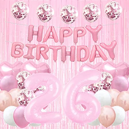 Sweet 26th Birthday Balloon Decorations - Pink Tassels Foil Fringe Curtains Photo Backdrop Balloon Gifts for Girls, Boys, Women, Men