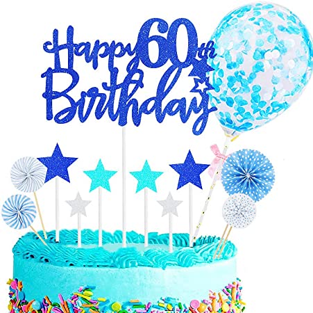 "Personalized Happy 60th Birthday Cake Toppers: Blue for Men, Women, Him, Her, Glitter Cupcake Toppers"