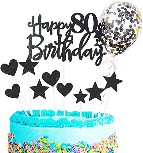 "Personalised Happy 80th Birthday Cake Toppers Black - Glitter Decorations"