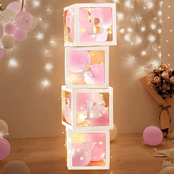 "Baby Shower Decorations Balloon Boxes Kit 4Pcs DIY Boxes with 30 Balloons, 4 Strings of LED Lights, 4 Set of BABY Lett"