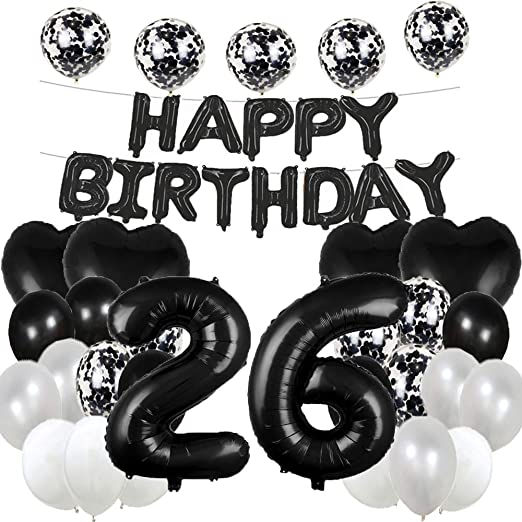 Sweet 26th Birthday Balloon Decorations - Happy 26th Birthday Party Supplies, Black Number 26 Foil Mylar Balloons, Latex Balloon Gifts for Girls, Boys, Women, Men