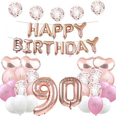 "Happy 90th Birthday Balloon Decoration - Rose Gold Foil Mylar Balloons - Latex Balloon Gifts"