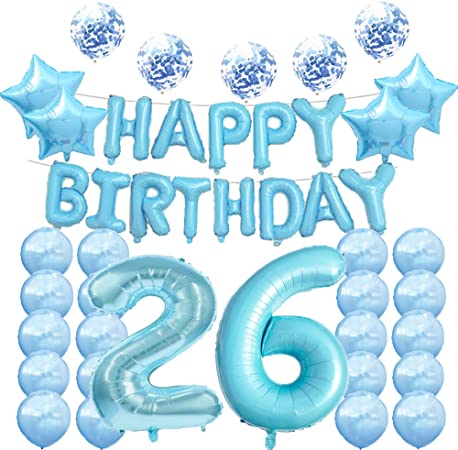 26th Birthday Decorations Party Supplies - Blue Balloons, Number 26 Mylar Balloon, Latex Balloon Decoration