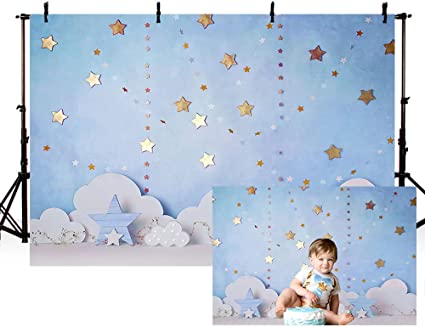 7x5ft Blue Boy Birthday Photography Background - Twinkle Twinkle Little Star White Cloud and Glod Stars Kids