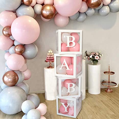 Baby Shower Decorations Box Kit - 4Pcs White Transparent Square Baby Shower Boxes including BABY Letters for Girl