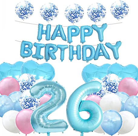 Sweet 26th Birthday Balloon Decorations - Blue Number 26 Foil Balloons, Latex Balloon Gifts for Girls, Boys, Women, Men