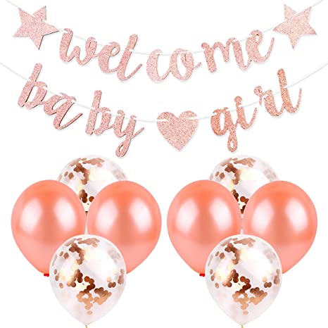 "Welcome Baby Girl" Baby Shower Banner & 8 Pcs 12" Rose Gold Balloon Garland Kit