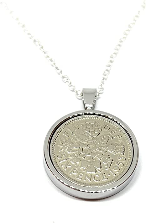 "Round Pendant 1953 Lucky Sixpence 70th Birthday: Sterling Silver Chain, Birthday Gifts for Women"