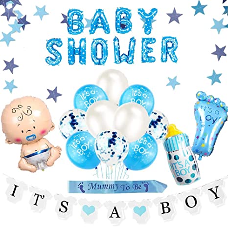 Baby Shower Decorations for Boy 10 Baby Boy Shower Blue Balloons Set, Its a Boy Banner, Mummy to Be Sash, Blue Baby Shower Tablecloth