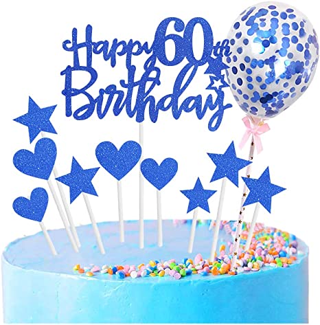 "Personalized Happy 60th Birthday Cake Toppers Blue for Men, Women, Him, Her, Cupcake Topper Kit"