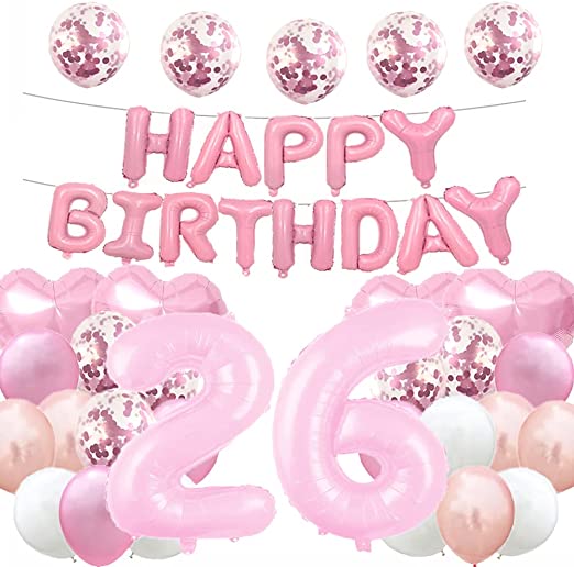 Sweet 26th Birthday Balloon Decorations - Pink Number 26 Foil Balloons, Latex Balloon Gifts for Girls, Boys, Women, Men