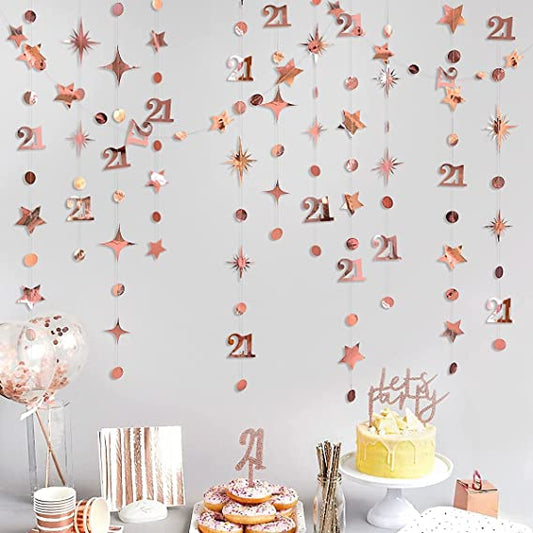 Rose Gold Number 21 Circle Dot Twinkle Star Garland Kit - Metallic Hanging Streamer Bunting Banner Backdrop Decoration for Girls, Women, 21st Birthday, Anniversary, Wedding