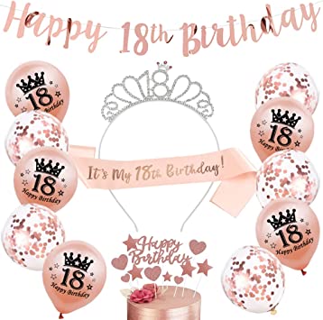 "Wendergo Rose Gold Birthday Party Decorations Kit | Happy 18th Birthday Banner and Tiara"