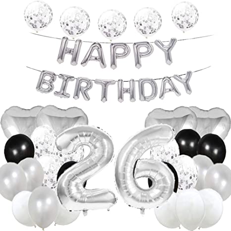 Sweet 26th Birthday Balloon Decorations - Silver Number 26 Foil Balloons, Latex Balloon Gifts for Girls, Boys, Women, Men