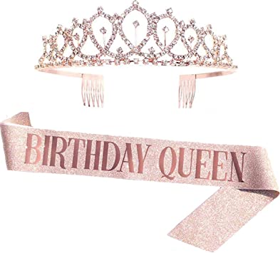 Leixi Birthday Queen Sash & Rhinestone Tiara Kit - 21st, 30th Birthday Gifts, Birthday Sash for Women, Birthday Party Supplies (Rose Gold)