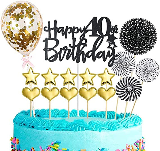 16Pcs Happy 40th Birthday Cake Topper Black Gold for Men & Women - Glitter Personalized Cake Topper Cupcake Toppers - Cake Toppers Kit 40th Birthday Cake Decorations - Happy