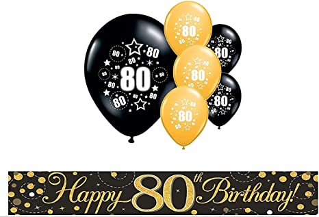 "80th Birthday Black and Gold Balloons Banner Party Pack - Decorations"