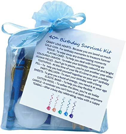 40th Birthday Survival Gift Kit - Fun Happy Birthday Gift/Present for Him/Her - Choose from Lilac or Blue (Royal Blue)