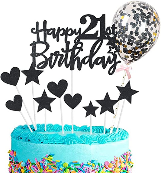 Personalized Happy 21st Birthday Cake Toppers Black - Glitter Cupcake Topper Cake Kit for Girl, Boy, Her, Him