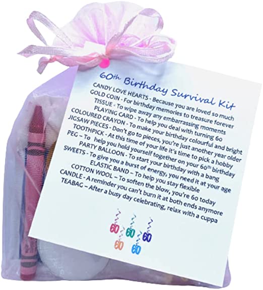 "60th Birthday Survival Gift Kit: Fun Happy Birthday Present for Him/Her - Lilac or Blue Option"