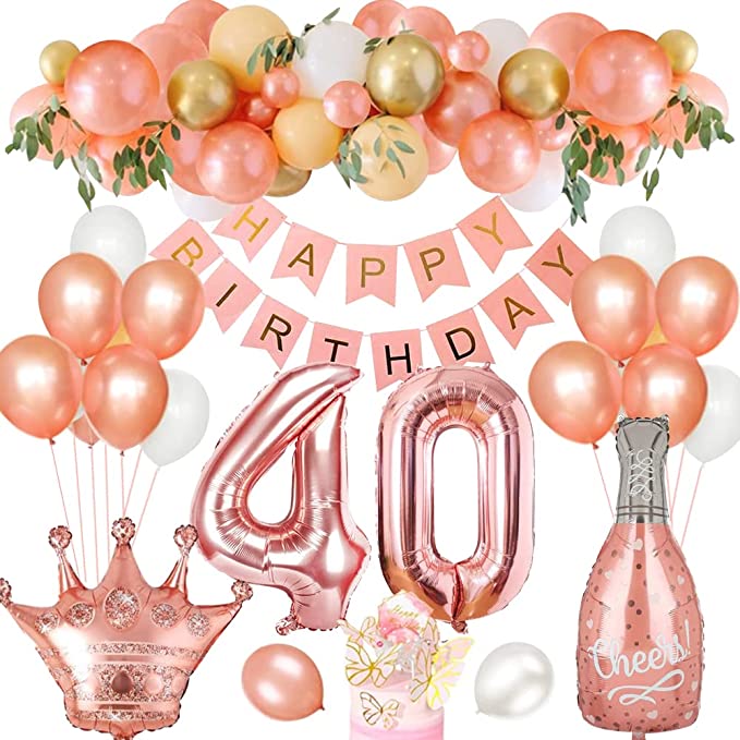 40th Birthday Decorations - Rose Gold Party Supplies, Happy Birthday Banners, Latex Balloon, 40 Foil Balloon - Women Girl Lady Birthday Party Decor