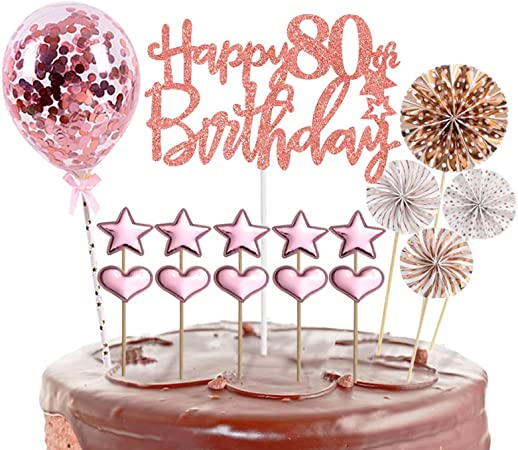 "16Pcs Happy 80th Birthday Cake Topper Rose Gold - Glitter Cupcake Toppers"