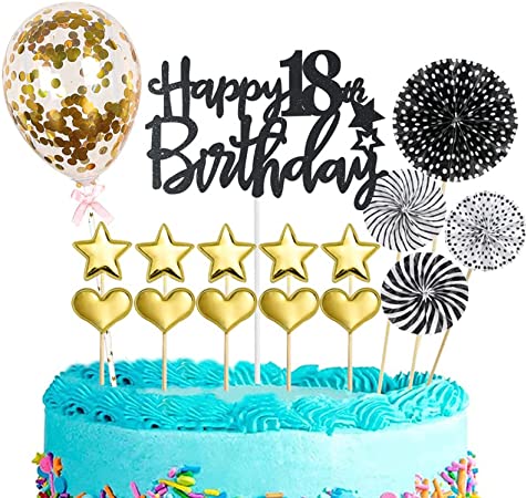 -Piece Happy 18th Birthday Cake Topper: Black Gold Personalized Cake Decorations"