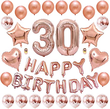 Huture 30 Birthday Party Supplies - Rose Gold Number 30 Foil Balloon Happy Birthday Banner Kit - 30th Birthday Decoration - Metallic Latex Confetti Balloon Foil Star Heart B