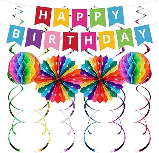 "Colorful Happy Birthday Decoration Kit - Rainbow Pom Poms, Banner, Swirls - Party Supplies"