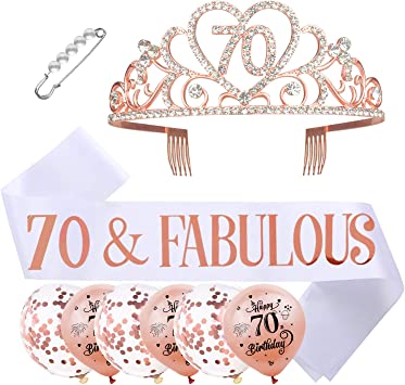 "SKJIAYEE 70th Birthday Tiara and Sash Balloons Kit - Rose Gold Party Favors"