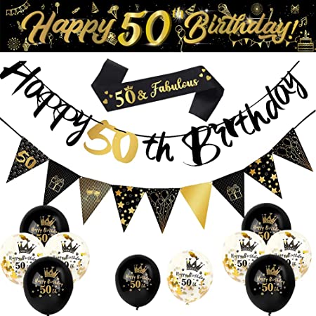 "Complete 50th Happy Birthday Decorations Kit: Party Supplies, Banner, Triangle Flags, and Confetti Balloons"
