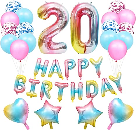 "Rainbow 20th Birthday Party Decorations Kit: Balloon Banner & Latex Balloons"