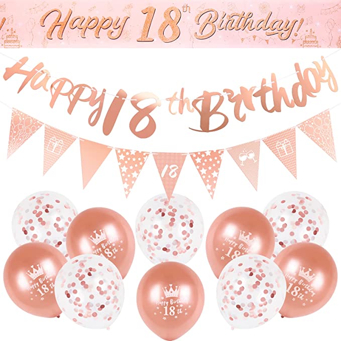 "18th Birthday Decoration Kit Rose Gold | Happy 18th Birthday Banner and Confetti Balloons"