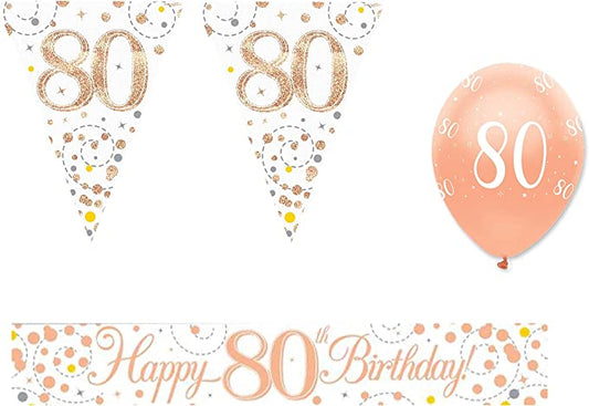 "80th Birthday Rose Gold Balloons Banner Bunting Party Pack - Decorations"