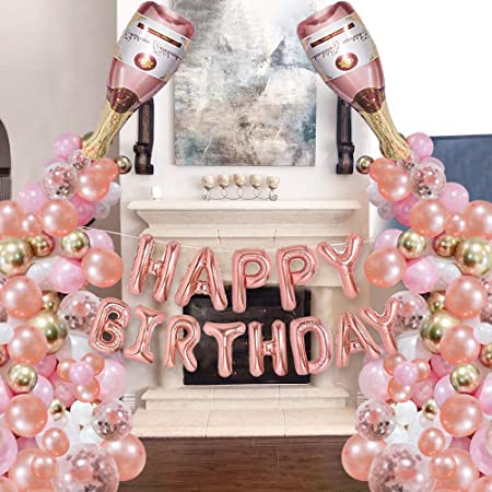 Rose Gold Champagne Bottle Balloon Garland Arch Kit with Happy Birthday Banner - for 16th, 18th, 21st, 30th, 40th, 50th, 60th, 70th, 80th Birthday Party Decorations