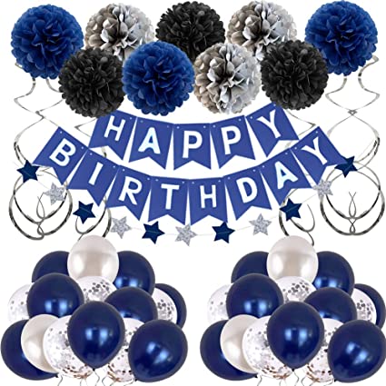 Birthday Decorations Men - Navy Blue and Silver Birthday Balloons for Boy Women Girls, Happy Birthday Banner with Star Bunting, 60Pcs Birthday Party Decorations for 13th 16t