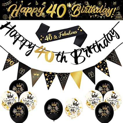 14 Pieces 40th Happy Birthday Decorations Kit - Birthday Party Decoration Including Party Supplies Birthday Straps 9ft Banner Triangle Flags Confetti Latex Balloons