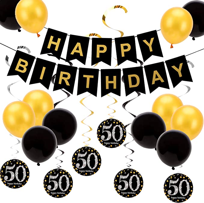 "SAVITA 37-Piece 50th Birthday Decorations Kit: Banners, Hanging Swirls, Round Paper Cards, Confetti Balloons"