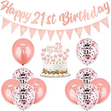 Rose Gold 21st Birthday Decorations Kit - Happy Birthday Banner, Triangle Flag Banner, Cake Topper, and Confetti Balloons