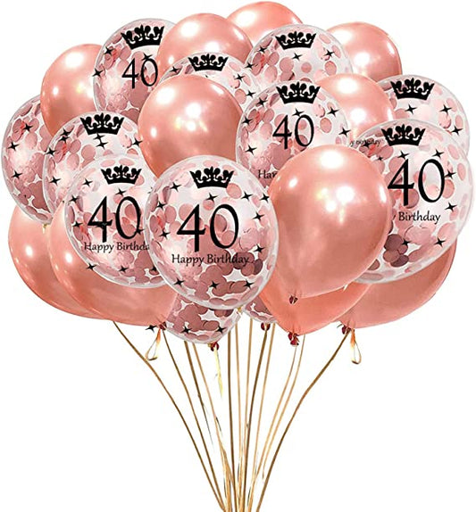 12-inch Happy Birthday Balloons - 40th Birthday Balloons, Rose Gold Balloons, and Age Printed Rose Gold Confetti Balloons Set - Happy Birthday Party Decoration Balloon Pack