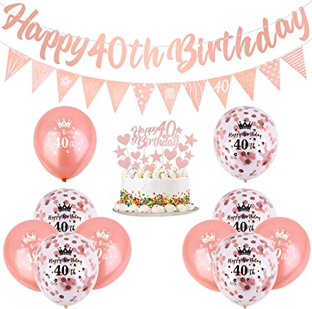 Rose Gold 40th Birthday Decorations Kit - Include Rose Gold Happy 40th Birthday Banner, Triangle Flag Banner, Cake Topper, and Confetti Latex Balloons for Party Decora