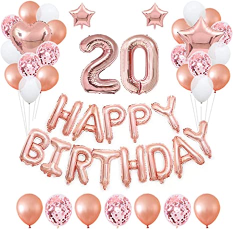 "20th Rose Gold Birthday Party Decorations Pack: Banner & Foil Balloons"